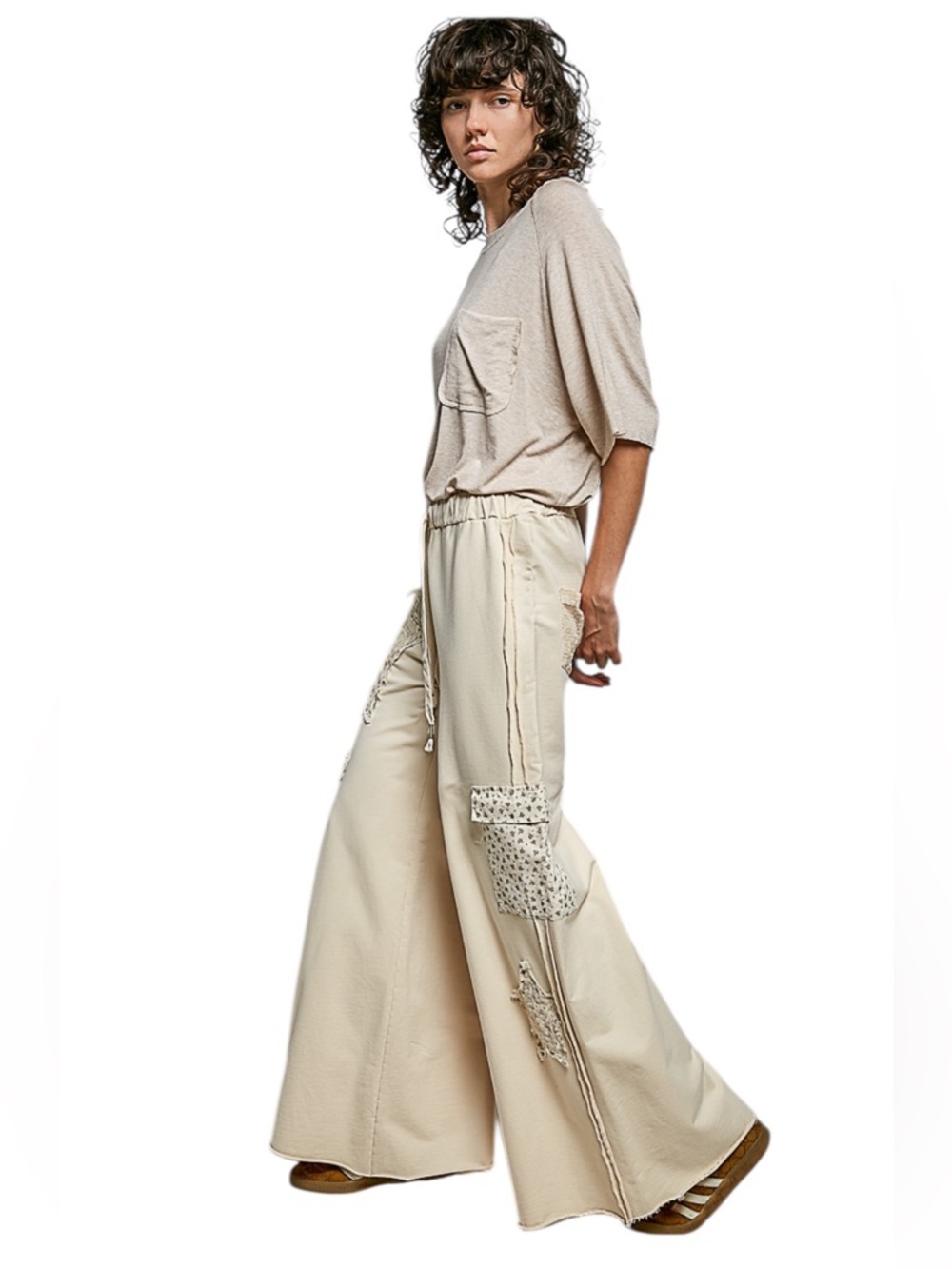 POL Cream Beige French Terry Cotton Elastic Drawstring Pant